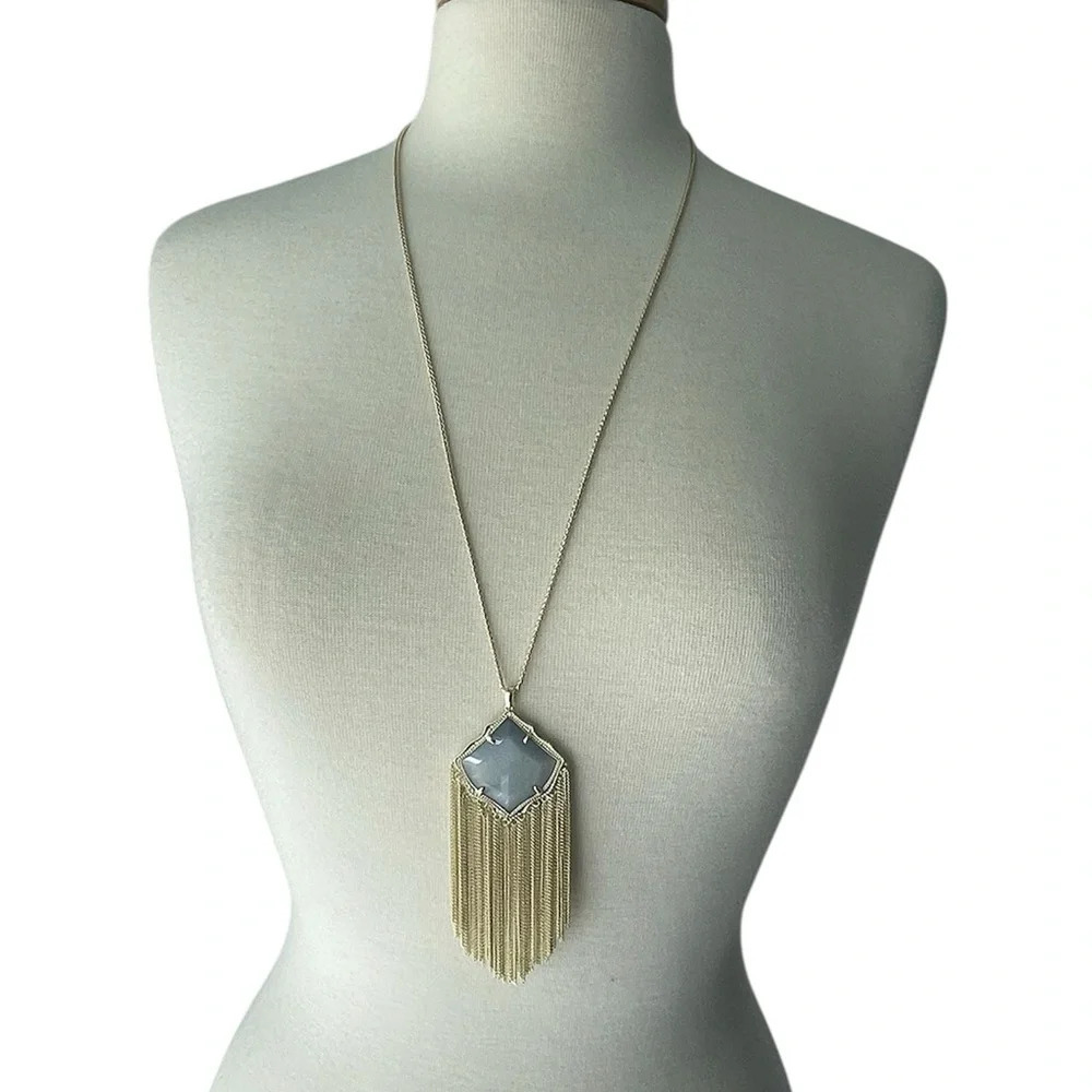 Kendra Scott White Banded Agate Kingston Tassel Fringe Boho Gold Plated …